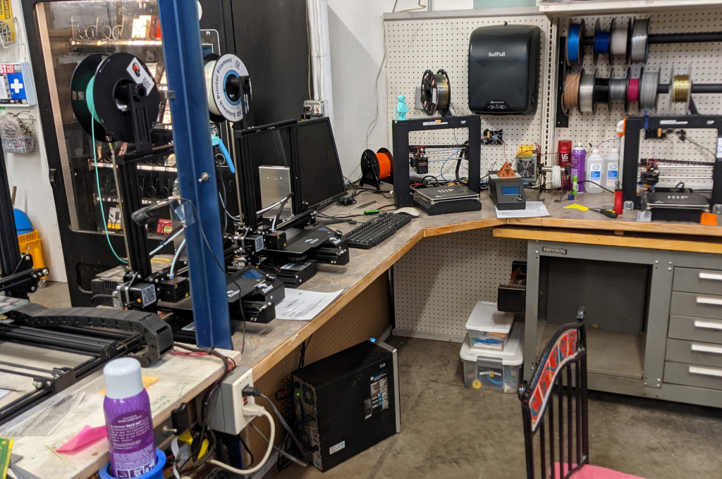 View of the 3d printer area in the garage space